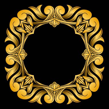 Zarif Altın Süsleme. Parlak Parlak Siyah Arkaplanlı Lüks Simetrik Tasarım. Grafik Tasarım ve Yazdırma için Düzenlenebilir ve Ölçeklenebilir Vektör EPS