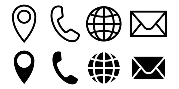 Telefon, Konum, Küre ve Posta Sembolleri ile Basit Siyah Kişi Simgesi Ayarları, Düzenlenebilir Ölçeklendirilebilir Vektör Resimleri İş ve Web siteleri için Beyaz Arkaplan 'da izole edildi