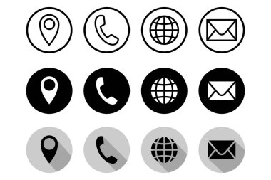 Telefon, Konum, Küre ve Posta Sembolleri ile Basit Siyah Kişi Simgesi Ayarları, Düzenlenebilir Ölçeklendirilebilir Vektör Resimleri İş ve Web siteleri için Beyaz Arkaplan 'da izole edildi