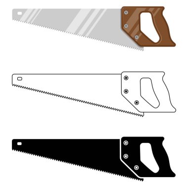 Testere Simgelerinin Kapsamlı Koleksiyonu: Çizgi Sanatı, Katı Siyah Siluetler ve Beyaz Arkaplanda Logo, Şablon, Poster ve İşaretler İçin İzole Edilmiş Renkli Vektör Resimleri