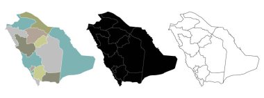 Suudi Arabistan Harita Vektörü - Siluet, Taslak ve Renkli Bölgesel Bölüm - Düzenlenebilir EPS İllüstrasyonu, Seyahat, Turizm ve Tasarım İçin Beyaz Arkaplanda İzole Edildi