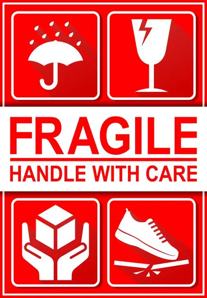 Hassas paket simgeleri ayarlandı. Lojistik ve teslimat etiketleriyle ilgilenin. Kırılgan kutu. Sadece Yazdır ve Kullan, Vektör