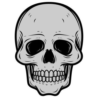 Karikatür kafatası çizimi koyu siyah çizgiler, gri gölgeleme, detaylı dişler ve boş göz yuvaları, ürkütücü ama oyuncu tasarım Cadılar Bayramı için mükemmel, keskin grafikler ve temalı sanat eserleri..