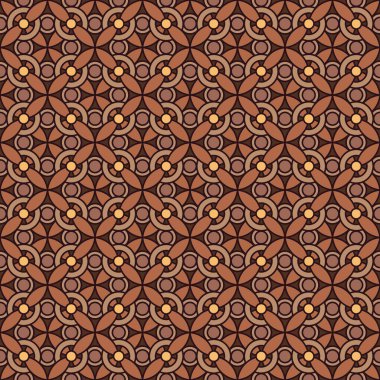 Sıcak kahverengi tonlarda kusursuz geometrik ve çiçek motifleri olan geleneksel Endonezya Batik şablon taşıyıcısı zengin Cava mirası ve kültürel zanaatkarlık sergiliyor..