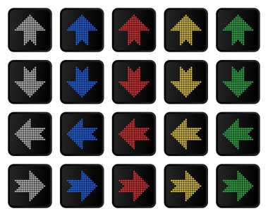 Siyah Arkaplan Üzerine Renkli Parlayan Ok Simgeleri, Kullanıcı Arayüzü, Web, Uygulama Navigasyonu ve Modern Tasarım Elementleri İçin Sol Aşağı Doğru Yönlendirme Sembolleri