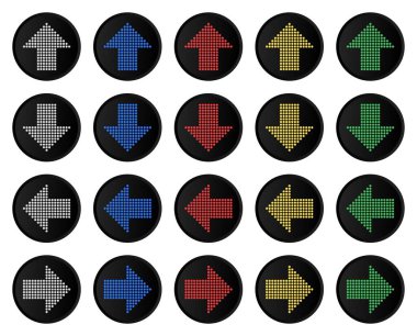 Siyah Arkaplan Üzerine Renkli Parlayan Ok Simgeleri, Kullanıcı Arayüzü, Web, Uygulama Navigasyonu ve Modern Tasarım Elementleri İçin Sol Aşağı Doğru Yönlendirme Sembolleri