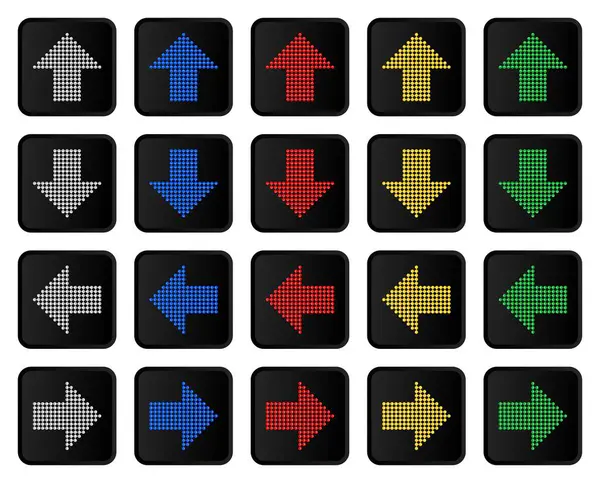 Siyah Arkaplan Üzerine Renkli Parlayan Ok Simgeleri, Kullanıcı Arayüzü, Web, Uygulama Navigasyonu ve Modern Tasarım Elementleri İçin Sol Aşağı Doğru Yönlendirme Sembolleri