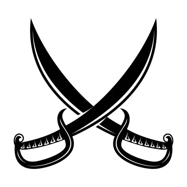 Siyah ve Beyaz Çapraz Kılıç Simgesi Düz Çizgi Film Tarzı. Arap, Korsan, Savaşçı, Şövalye, Cellat Kılıçları. Logo, Amblem, Rozet veya Sembol Tasarımı için Ölçeklenebilir ve Düzenlenebilir Vektör