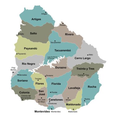 Renkli Bölgeler ve Temiz Sınır Çizgilerine sahip Uruguay Yönetim Haritası Vektörü Eğitim ve Grafiksel Tasarım için Beyaz Arkaplanda İzole EPS