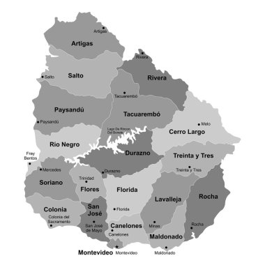 İdari Bölümlerle Uruguay Gri Haritasının Vektör ResmiName