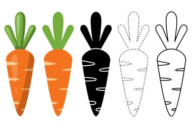 Çizgi film Havuç Simgeleri Çeşitli Biçim Renkleri Tek Renkli Siluet Çizgisi Sanat ve Noktalı Çizgi Beyaz Arkaplan Vektöründe İzole Edildi