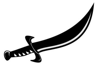 Tek Siyah Kılıç Silueti, Eğri Ortaçağ veya Korsan Kılıç Simgesi Beyaz Arkaplanda İzole Edildi, Oyun veya Hikaye Elementleri İçin Mükemmel