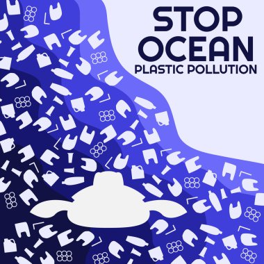 Okyanus plastik kirliliği poster şablonunu durdurun. Katmanlı kağıt kesiği sualtı arka plan vektör çizimi. Okyanus çevresel sorunu.