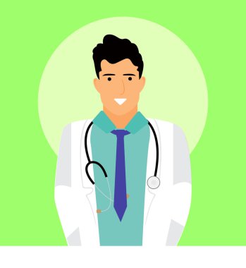 Steteskopu olan gülümseyen genç bir doktor, tıp uzmanı konsepti. 3d vektör insan karakter çizimi. Çizgi film biçimi.
