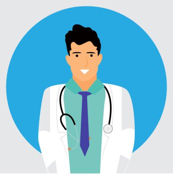 Steteskopu olan gülümseyen genç bir doktor, tıp uzmanı konsepti. 3d vektör insan karakter çizimi. Çizgi film biçimi.