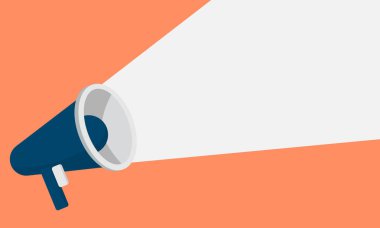 Mavi afiş arka planında megafon vektör illüstrasyonu, bize katılma konsepti, iş boşluğu ve modern düz çizgi film tarzı tasarım duyurusu