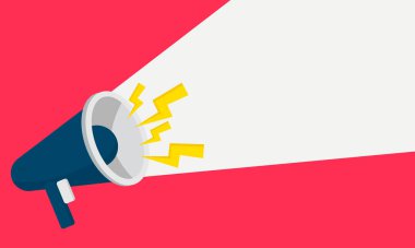 Mavi afiş arka planında megafon vektör illüstrasyonu, bize katılma konsepti, iş boşluğu ve modern düz çizgi film tarzı tasarım duyurusu