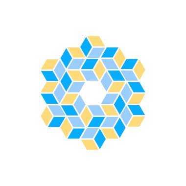 Küp vektör simgesi. Üç boyutlu kutu. Ağ ve uygulama tasarımı için dairesel efektli altıgen perspektif sembolü. dairesel perspektif küp logosu.