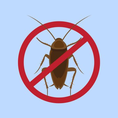 Hamamböceği karşıtı, haşere kontrolü. Böcekleri durdur işareti. Kırmızı yasak çemberde hamamböceği silueti, vektör iltihaplanması