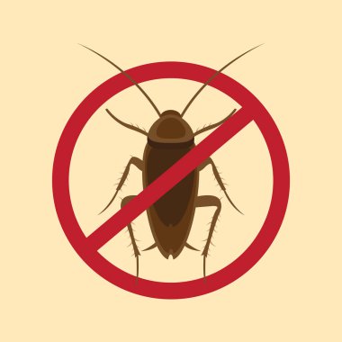 Hamamböceği karşıtı, haşere kontrolü. Böcekleri durdur işareti. Kırmızı yasak çemberde hamamböceği silueti, vektör iltihaplanması
