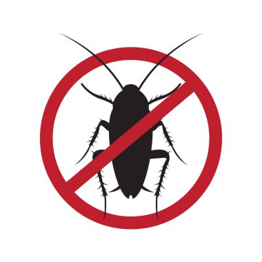 Hamamböceği karşıtı, haşere kontrolü. Böcekleri durdur işareti. Kırmızı yasak çemberde hamamböceği silueti, vektör iltihaplanması