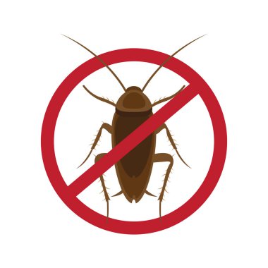 Hamamböceği karşıtı, haşere kontrolü. Böcekleri durdur işareti. Kırmızı yasak çemberde hamamböceği silueti, vektör iltihaplanması