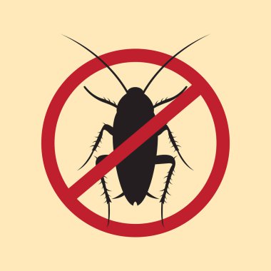 Hamamböceği karşıtı, haşere kontrolü. Böcekleri durdur işareti. Kırmızı yasak çemberde hamamböceği silueti, vektör iltihaplanması