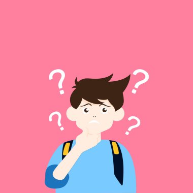 Düşünceli öğrencilerin portreleri. Düşünen ya da sorunu çözen bir sürü zeki erkek ve kadın. Düşünce baloncuklarıyla çevrili bir grup düşünceli kız ve erkek. Düz çizgi film vektör çizimi.