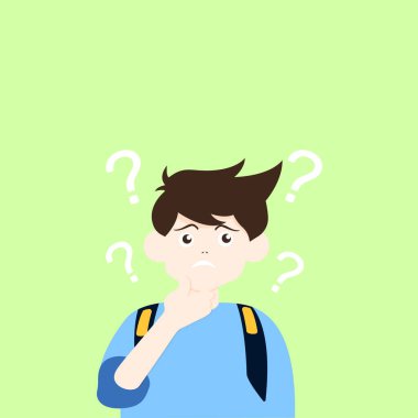 Düşünceli öğrencilerin portreleri. Düşünen ya da sorunu çözen bir sürü zeki erkek ve kadın. Düşünce baloncuklarıyla çevrili bir grup düşünceli kız ve erkek. Düz çizgi film vektör çizimi.