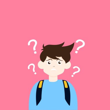 Düşünceli öğrencilerin portreleri. Düşünen ya da sorunu çözen bir sürü zeki erkek ve kadın. Düşünce baloncuklarıyla çevrili bir grup düşünceli kız ve erkek. Düz çizgi film vektör çizimi.