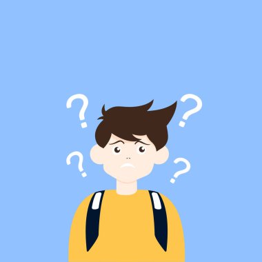 Düşünceli öğrencilerin portreleri. Düşünen ya da sorunu çözen bir sürü zeki erkek ve kadın. Düşünce baloncuklarıyla çevrili bir grup düşünceli kız ve erkek. Düz çizgi film vektör çizimi.