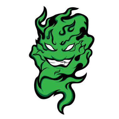 Kızgın bir hayalette kızgın bir yüz. Ateş şeytanı logosu, ateş şeytanı dövmeleri ve çıkartmalar. Esports Logosu.