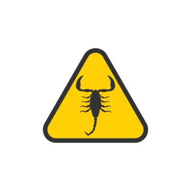 Vector illustration with triangular warning sign with black frame and yellow background. Warning for scorpion clipart