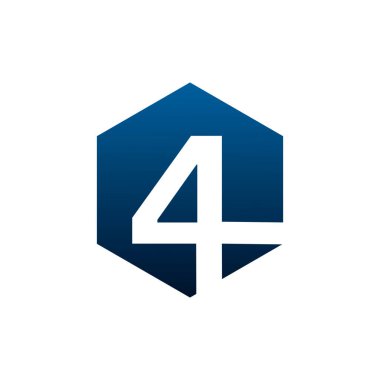 Beyaz arkaplanda koyu mavi altıgen şeklinde dört numaralı vektör logosu. Tasarımınız için vektör şablonu