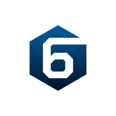 Beyaz arkaplanda koyu mavi altıgen şeklinde altı numaralı vektör logosu. Tasarımınız için vektör şablonu