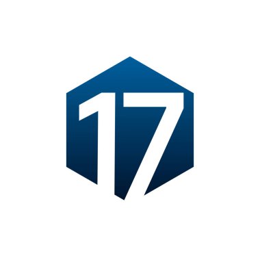 Beyaz arkaplanda koyu mavi altıgen üzerinde 17 numaralı vektör logosu sembolü. Tasarımınız için vektör şablonu