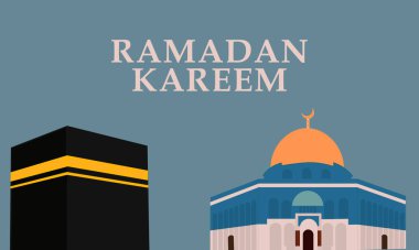 Ramadan Kareem, featuring geometric representations of mosques, crescent moons, stars, lanterns, and traditional Islamic architecture in a modern, al aqsa and ka'bah background. clipart