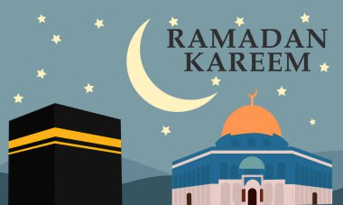 Ramadan Kareem, featuring geometric representations of mosques, crescent moons, stars, lanterns, and traditional Islamic architecture in a modern, al aqsa and ka'bah background. clipart