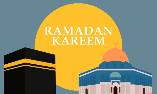 Ramazan Kareem, modern, al aqsa ve ka 'bah arka planında camilerin, hilal aylarının, yıldızların, fenerlerin ve geleneksel İslam mimarisinin geometrik temsillerini içerir..