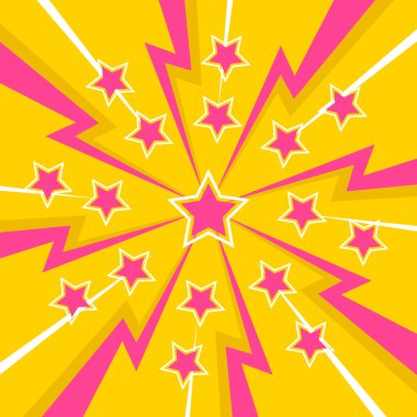 Renkli Gök Gürültüsü ve yıldızlar arka planı. Gök gürültüsü yıldırımının yüzleşme resmi. Düz illüstrasyon basit Vektör. Çizgi roman şablonu. Metinsiz rekabet tasarım şablonu.