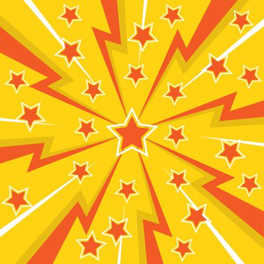 Renkli Gök Gürültüsü ve yıldızlar arka planı. Gök gürültüsü yıldırımının yüzleşme resmi. Düz illüstrasyon basit Vektör. Çizgi roman şablonu. Metinsiz rekabet tasarım şablonu.