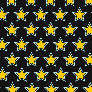 Yıldızsız Şablon. Siyah Arkaplan 'da kusursuz mavi ve sarı yıldız deseni. Kumaş, tekstil, pijama, keten, duvar kağıdı, arka plan için iyidir.