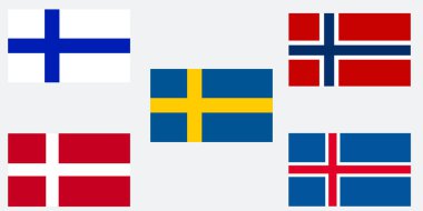 İskandinavya 'nın basit bayrakları. Kuzey ülkeleri. Doğru boyut, orantı, renkler