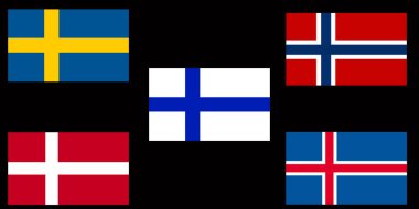 İskandinavya 'nın basit bayrakları. Kuzey ülkeleri. Doğru boyut, orantı, renkler