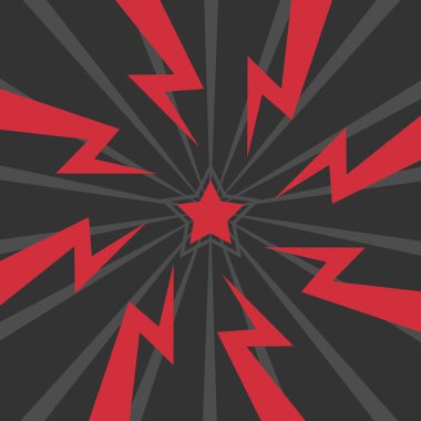 Renkli Gök gürültüsü ve ortadaki yıldız. Gök gürültüsü yıldırımının yüzleşme resmi. Düz illüstrasyon basit Vektör. Çizgi roman şablonu. Metinsiz stil yarışması tasarım şablonu.