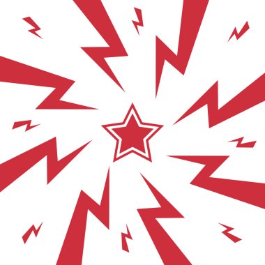 Renkli Gök gürültüsü ve ortadaki yıldız. Gök gürültüsü yıldırımının yüzleşme resmi. Düz illüstrasyon basit Vektör. Çizgi roman şablonu. Metinsiz stil yarışması tasarım şablonu.