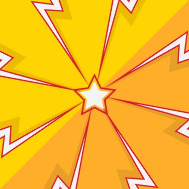 Renkli Gök gürültüsü ve ortadaki yıldız. Gök gürültüsü yıldırımının yüzleşme resmi. Düz illüstrasyon basit Vektör. Çizgi roman şablonu. Metinsiz stil yarışması tasarım şablonu.