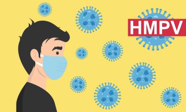 Man wearing medical mask to protect HMPV, human metapneumovirus, COVID-19 or prevent disease, flu, air pollution, contaminated air, world pollution concept. clipart