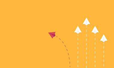 Minimalist stil kırmızı uçak yön değiştiriyor ve beyaz olanlar. Yeni fikir, değişim, eğilim, cesaret, yaratıcı çözüm, yenilik ve benzersiz yol kavramı.