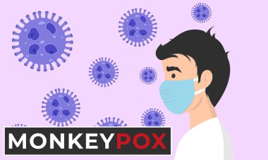 Maymun çiçeği salgını pankartı. Maymun yassı illüstrasyonundan etkilenmiş bir adam. İnsan derisine maymun çiçeği bulaşmış. Sağlık maskesi takan adam